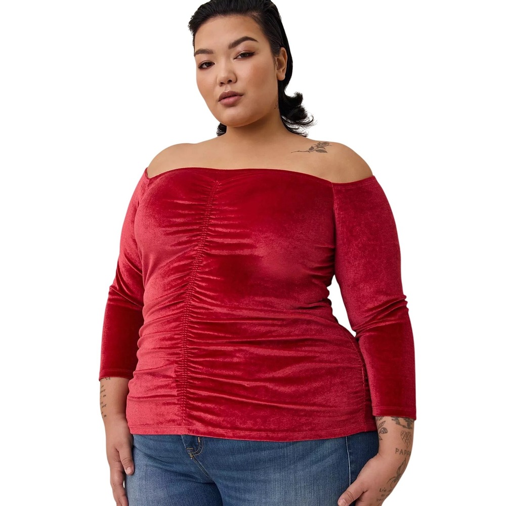 NWT Torrid Stretch Red Velvet Shirred Front Off The Shoulder Top sz 4x Holiday